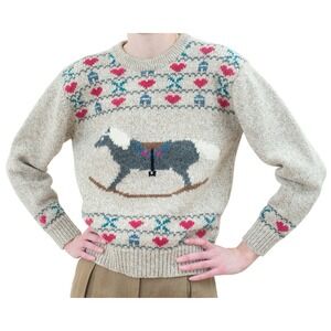 VTG Eddie Bauer wool 90s Cottage Core Granny sweater Sz L Rocking‎ Horse Grandpa